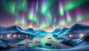 AI-generated image of Northern Lights over Greenland's snowy landscape