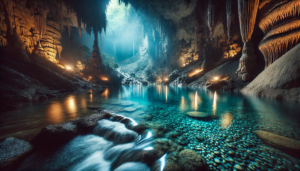 AI-generated image of Borneo's underground river with stalactites and crystal-clear water