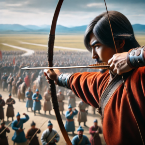 A Mongolian archer in traditional attire drawing a bow, aiming at a target. Image generated by AI.
