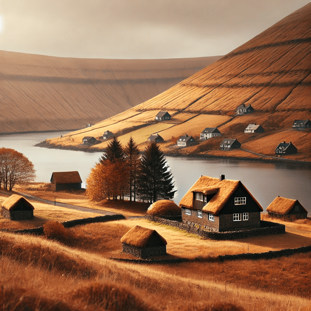 Golden-brown autumn landscape on the Faroe Islands, with overcast skies and calm fjords reflecting the serene scenery. Image generated by AI.