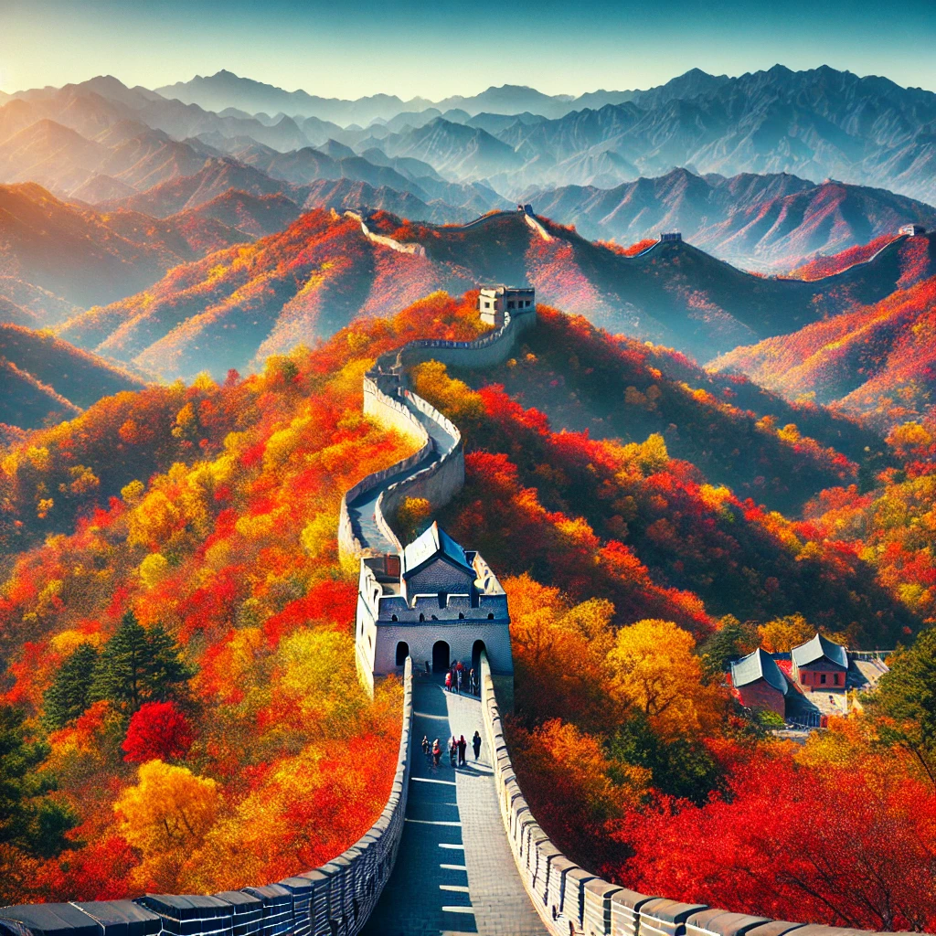 Great Wall of China in autumn, surrounded by colorful forests at Mutianyu, with red, orange, and yellow foliage. Image generated by AI.