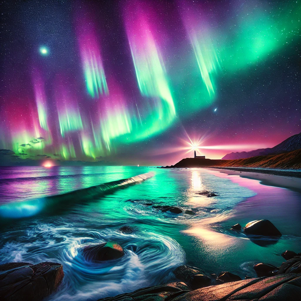Northern Lights over a coastal landscape, with greens, purples, and pinks reflecting on the ocean and a distant lighthouse. Image generated by AI.