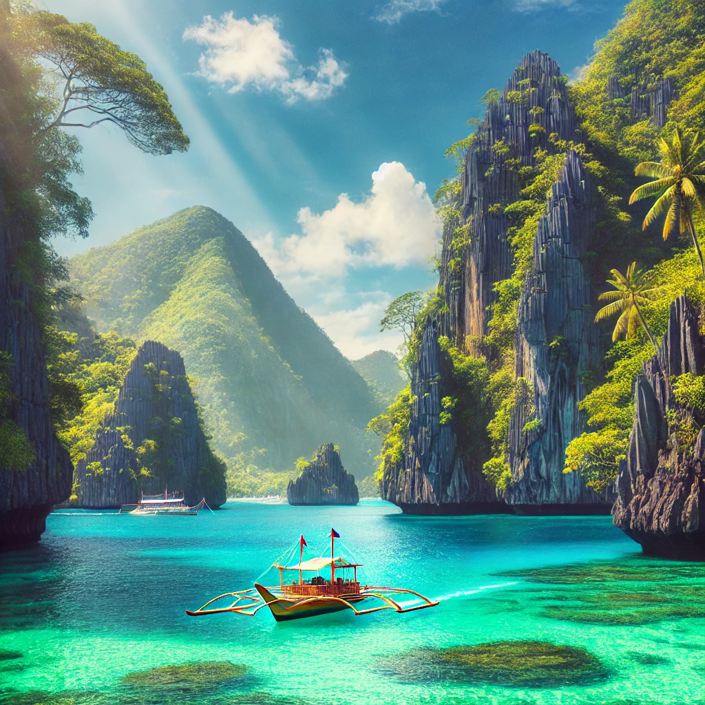 Bright day in El Nido, Palawan, with turquoise waters, towering limestone cliffs, and a bangka boat gliding across the sea