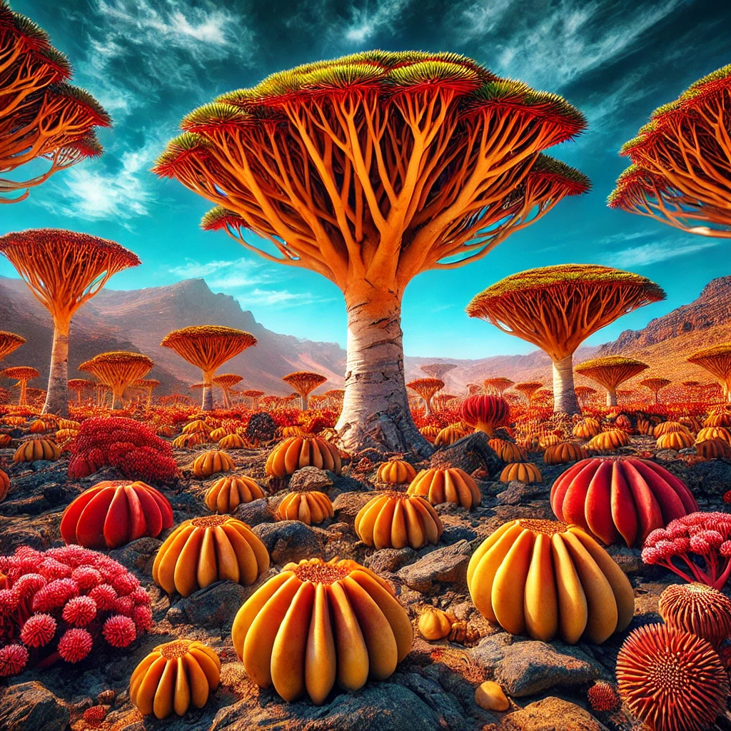 Daytime on Socotra Island, with Dragon's Blood Trees and desert roses against a bright blue sky, highlighting the alien landscape