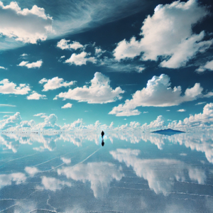 Bright blue sky reflected on the endless salt flat of Salar de Uyuni, with a lone figure walking in the distance. Image generated by AI.