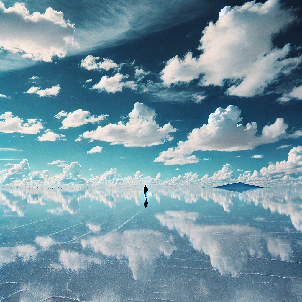 Bright blue sky reflected on the endless salt flat of Salar de Uyuni, with a lone figure walking in the distance