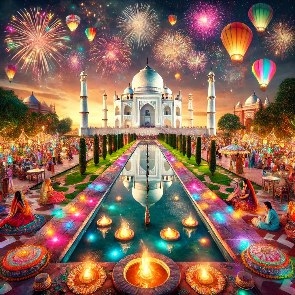 Taj Mahal lit up with colorful lights and lanterns during a festival, reflecting in the pool with fireworks in the sky. Image generated by AI.