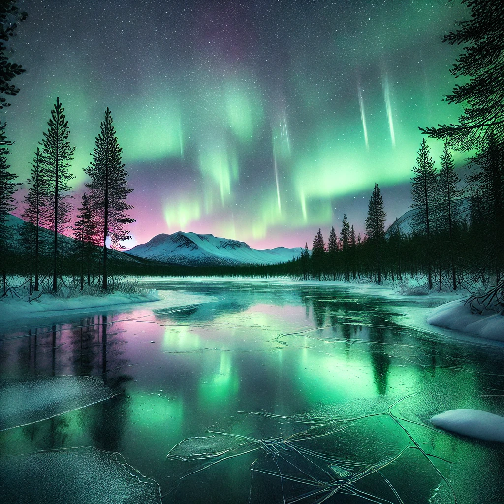 Northern Lights reflecting on a frozen lake surrounded by pine trees, under a sky filled with green and pink hues. Image generated by AI.