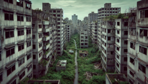 Hashima Island (Gunkanjima), Japan. Image generated by AI.