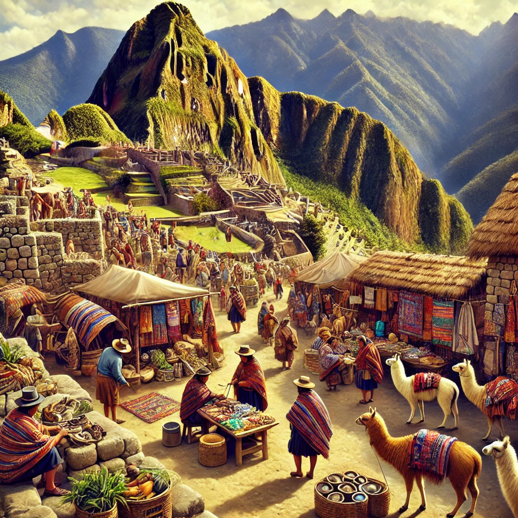 Bustling Incan market scene at Machu Picchu, with indigenous people trading goods amid ancient stone structures. Image generated by AI.