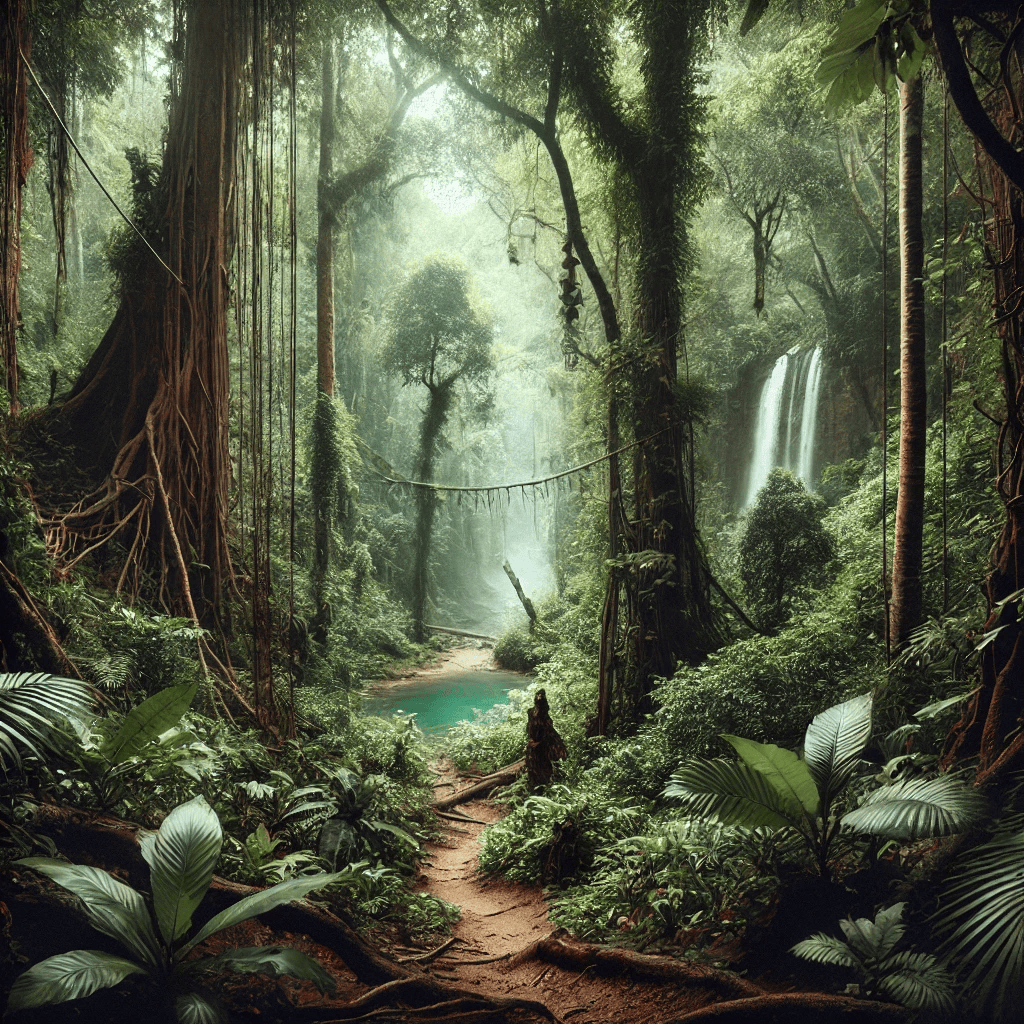 Adventurous jungle trek on Palawan, with tall trees, dense foliage, and a hidden waterfall cascading into a crystal-clear pool. Image generated by AI.