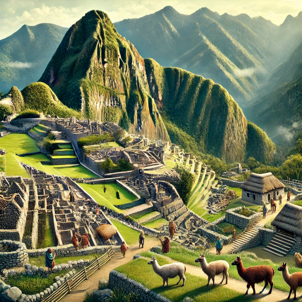 Vibrant scene of Machu Picchu during its peak, with Incans farming, worshipping, and building amid lush mountains. Image generated by AI.
