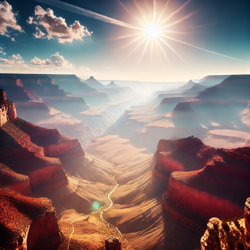 Bright midday sun over the Grand Canyon, with vivid rock layers and hikers visible on a distant trail. Image generated by AI.