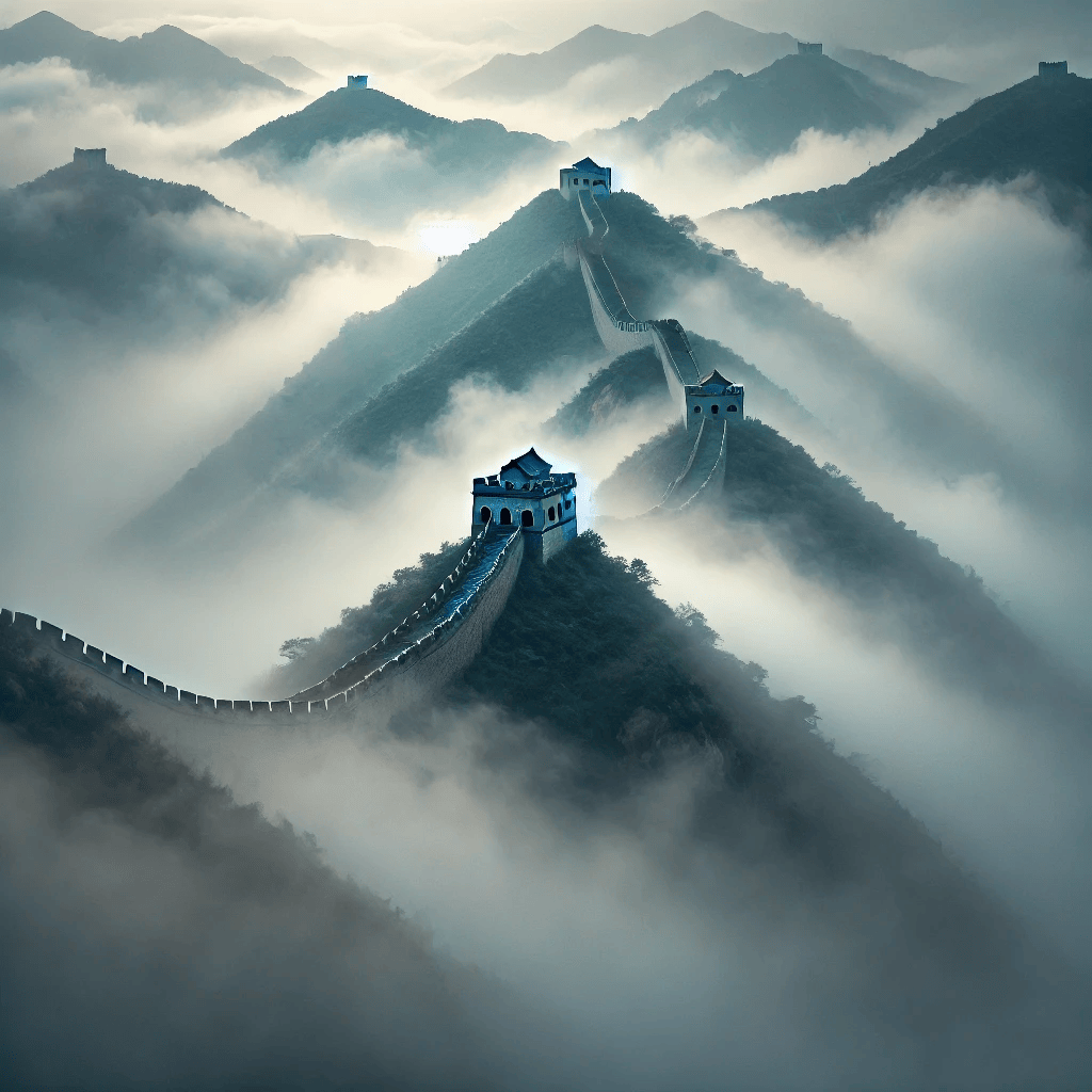Great Wall of China at Simatai shrouded in fog, with ancient watchtowers barely visible through the mist. Image generated by AI.