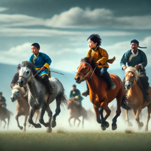 Mongolian children aged 5-15 riding horses in a race across a vast plain. Image generated by AI.