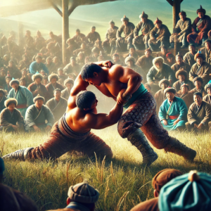 Mongolian wrestlers in traditional attire grappling in a match, surrounded by spectators. Image generated by AI.