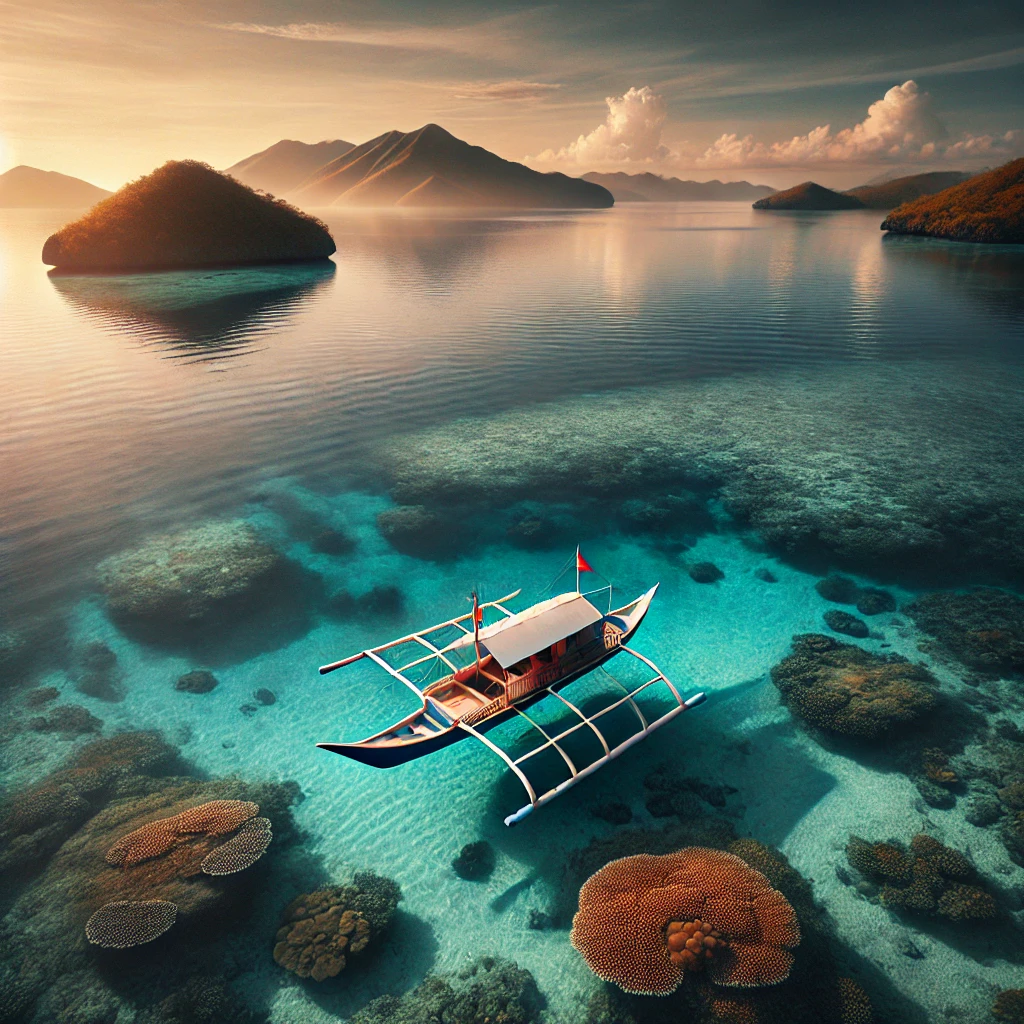 Peaceful morning at Tubbataha Reefs, Palawan, with clear waters revealing vibrant coral reefs and a bangka boat ready for diving. Image generated by AI.