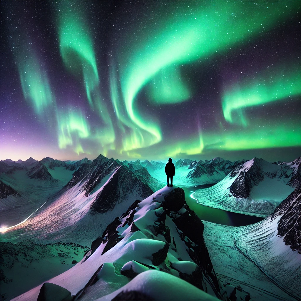 Aurora Borealis seen from a mountain peak, casting a mystical glow over snow-covered mountains and a lone figure. Image generated by AI.
