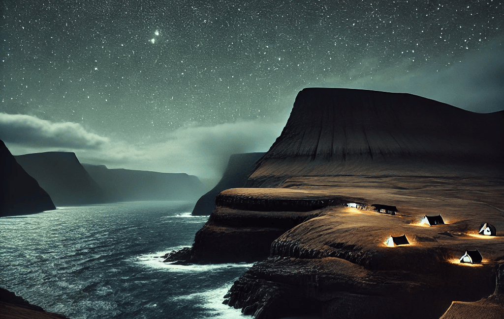 Faroe Islands at night, with rugged cliffs and traditional houses faintly illuminated by moonlight under a starry sky