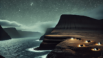 Faroe Islands at night, with rugged cliffs and traditional houses faintly illuminated by moonlight under a starry sky