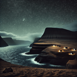 Faroe Islands at night, with rugged cliffs and traditional houses faintly illuminated by moonlight under a starry sky
