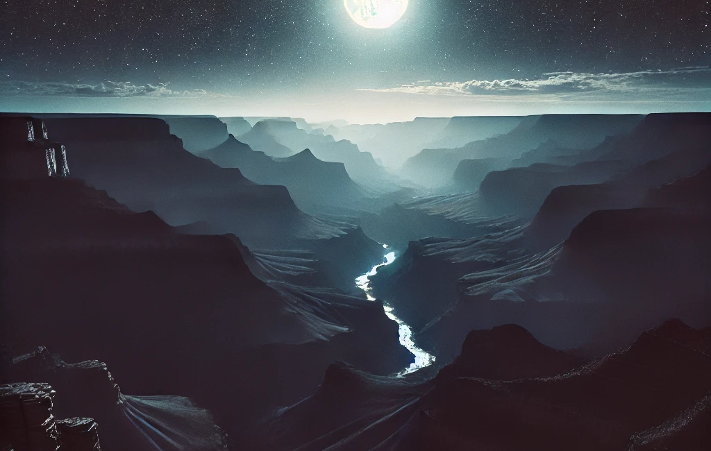 Moonlit Grand Canyon with silhouetted cliffs and a starry sky, highlighting the Colorado River below