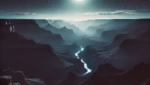 Moonlit Grand Canyon with silhouetted cliffs and a starry sky, highlighting the Colorado River below