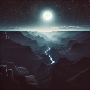 Moonlit Grand Canyon with silhouetted cliffs and a starry sky, highlighting the Colorado River below