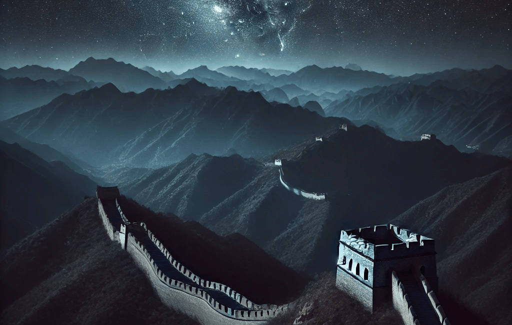 Great Wall of China under a starry sky, winding through dark mountains, partially illuminated by moonlight