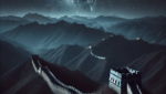 Great Wall of China under a starry sky, winding through dark mountains, partially illuminated by moonlight