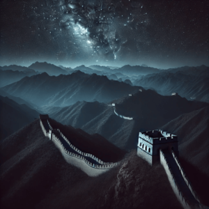 Great Wall of China under a starry sky, winding through dark mountains, partially illuminated by moonlight