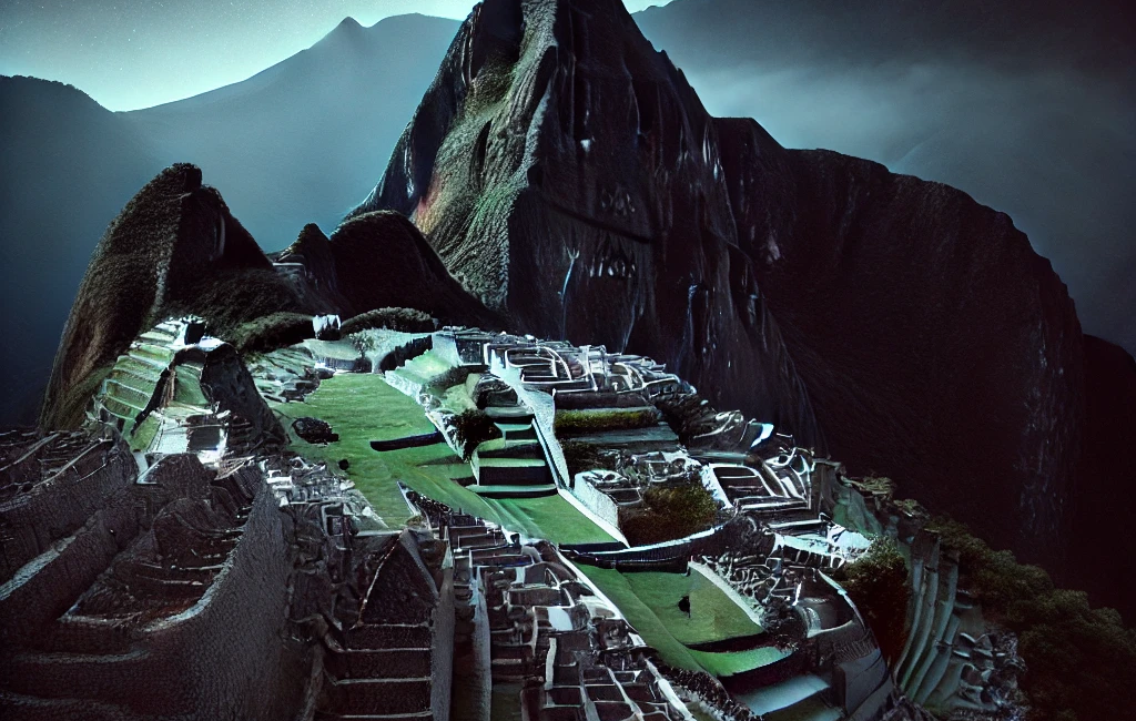 Machu Picchu at night, illuminated by moonlight, with mist and stars creating a mystical atmosphere