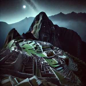 Machu Picchu at night, illuminated by moonlight, with mist and stars creating a mystical atmosphere