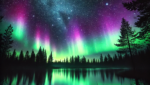 Northern Lights dance across a dark sky, with vibrant greens and purples illuminating a calm lake and silhouetted trees
