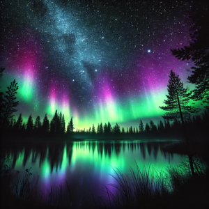 Northern Lights dance across a dark sky, with vibrant greens and purples illuminating a calm lake and silhouetted trees