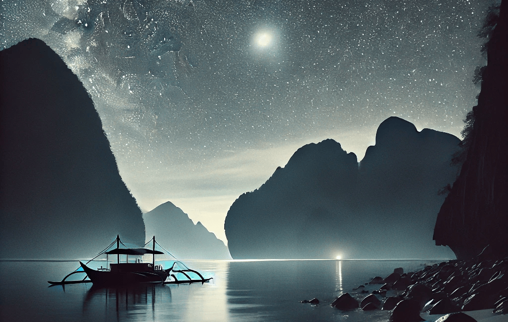 Palawan at night, with limestone cliffs silhouetted against a starry sky and a traditional bangka boat anchored by the shore