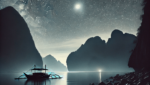 Palawan at night, with limestone cliffs silhouetted against a starry sky and a traditional bangka boat anchored by the shore