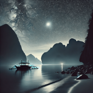 Palawan at night, with limestone cliffs silhouetted against a starry sky and a traditional bangka boat anchored by the shore
