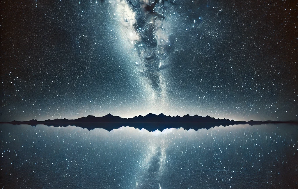 Starry night over Salar de Uyuni, with the Milky Way reflecting on the salt flat's mirror-like surface.