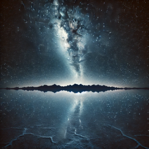 Starry night over Salar de Uyuni, with the Milky Way reflecting on the salt flat's mirror-like surface.