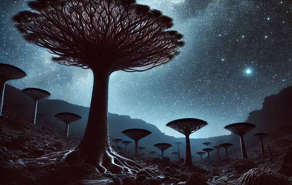 Socotra Island at night, with Dragon's Blood Trees silhouetted against a starry sky and rugged terrain bathed in moonlight