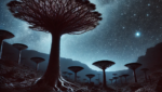 Socotra Island at night, with Dragon's Blood Trees silhouetted against a starry sky and rugged terrain bathed in moonlight