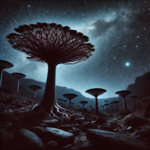 Socotra Island at night, with Dragon's Blood Trees silhouetted against a starry sky and rugged terrain bathed in moonlight