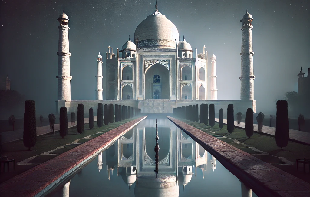 Taj Mahal under a starry night sky, softly illuminated by moonlight, reflecting in the still waters of the pool
