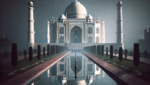 Taj Mahal under a starry night sky, softly illuminated by moonlight, reflecting in the still waters of the pool