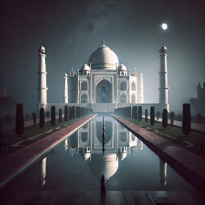 Taj Mahal under a starry night sky, softly illuminated by moonlight, reflecting in the still waters of the pool