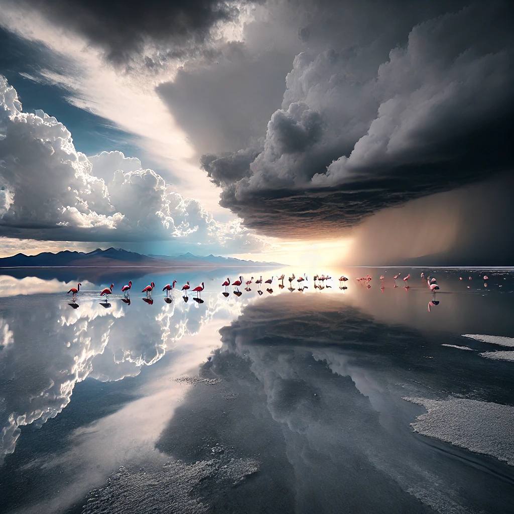 Flamingos wading in shallow waters of Salar de Uyuni during the rainy season, under dramatic, cloud-filled skies. Image generated by AI.