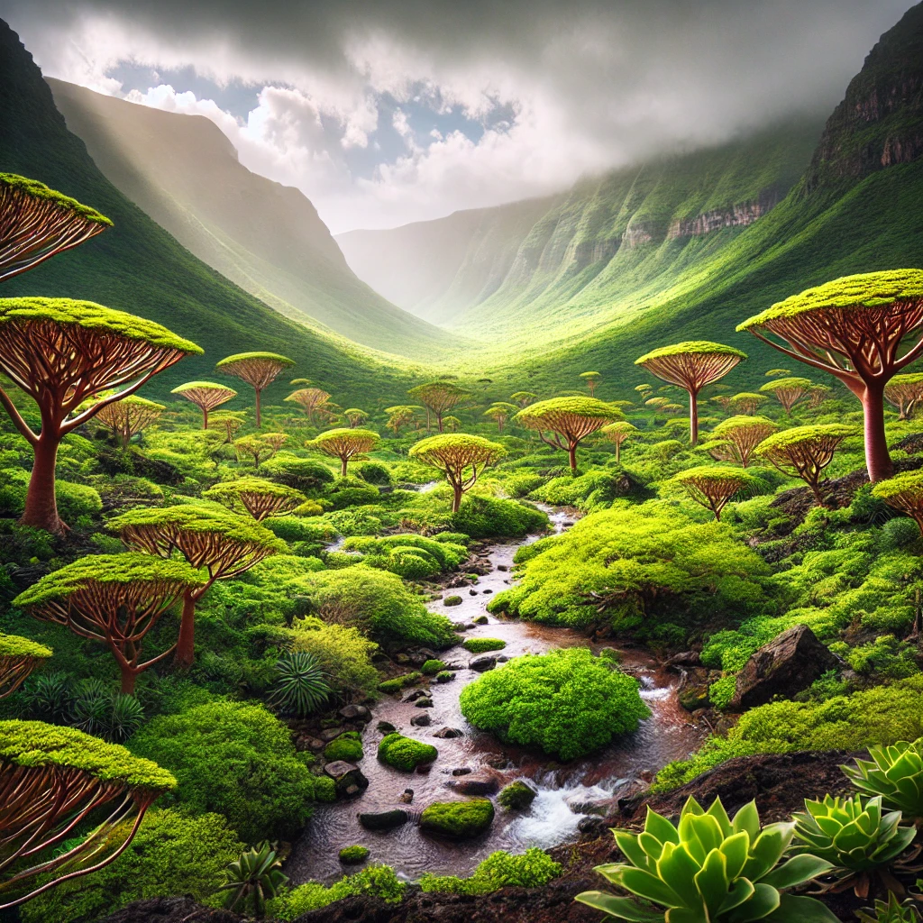 Lush green valley on Socotra Island during the rainy season, with vibrant vegetation and streams flowing amid Dragon's Blood Trees. Image generated by AI.