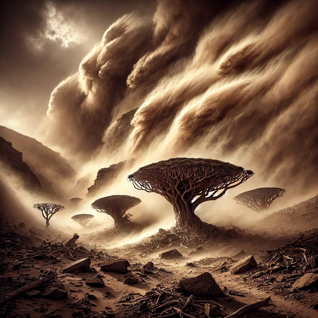 Dramatic sandstorm on Socotra Island, with Dragon's Blood Trees standing resilient against strong winds and swirling dust. Image generated by AI.