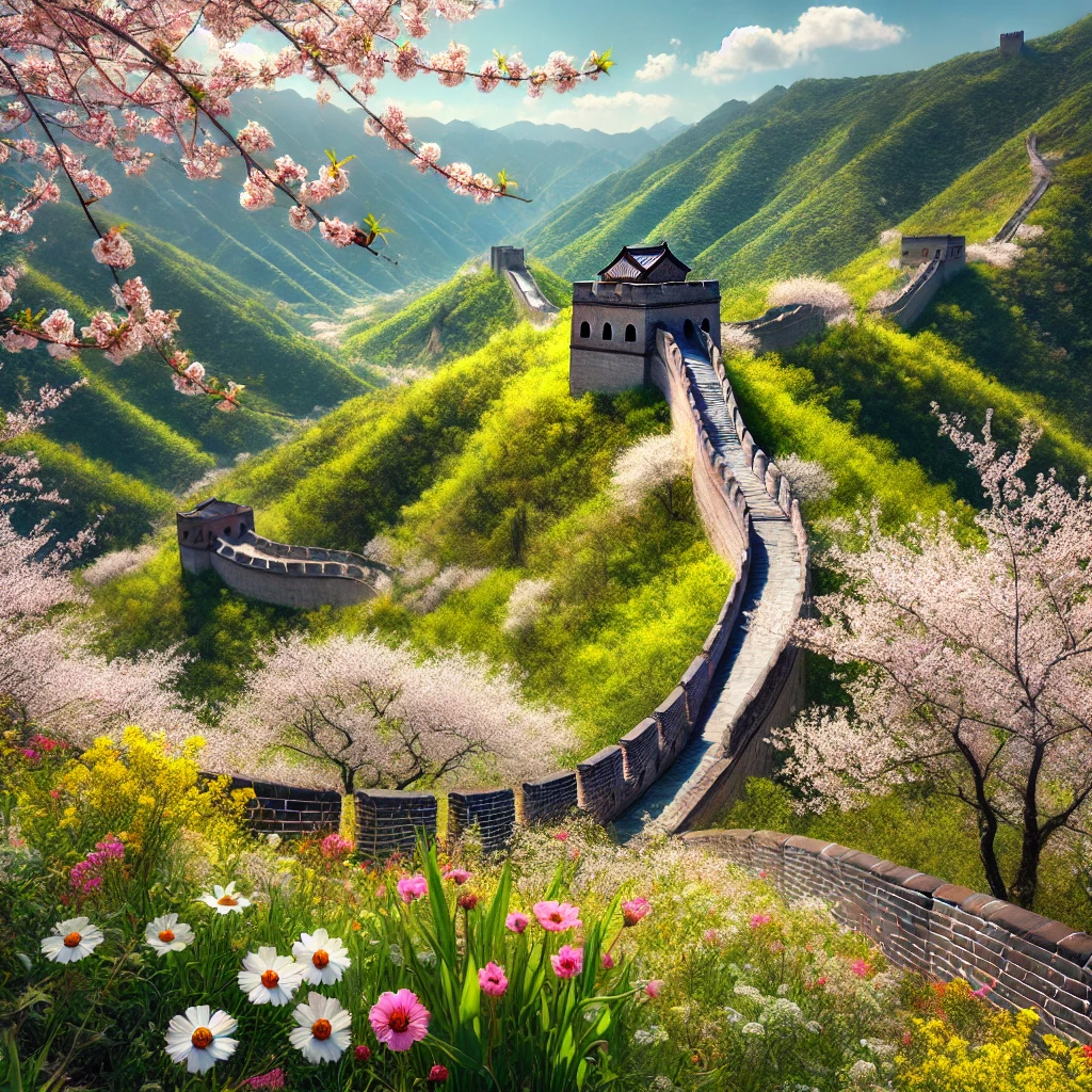 Great Wall of China at Jiankou in spring, surrounded by blooming cherry blossoms and vibrant green mountains